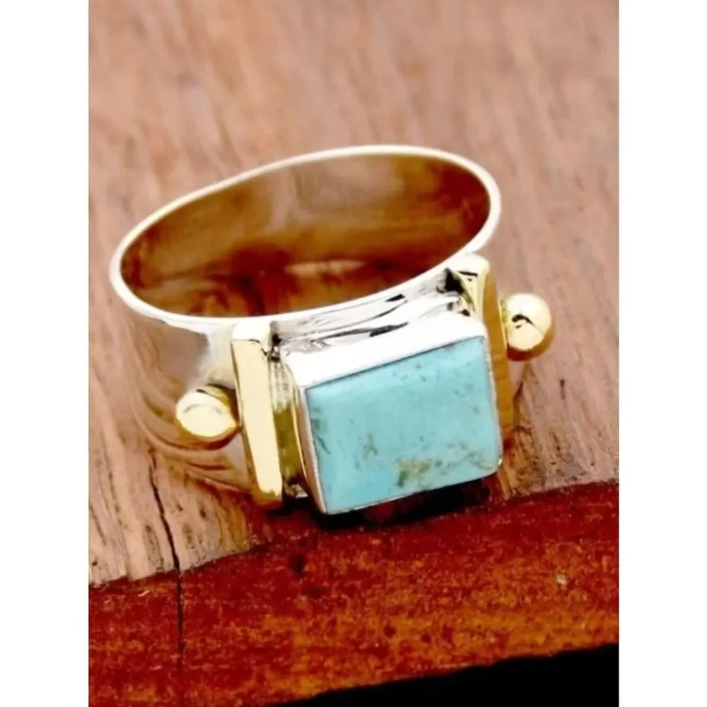 Ring Retro Boho-Chic Square Turquoise Wide Band Beaded Bohemian Minimalist
